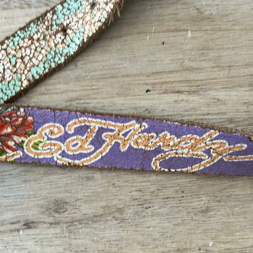 Vintage Ed Hardy y2k purple turquoise genuine leather belt brown no buckle S